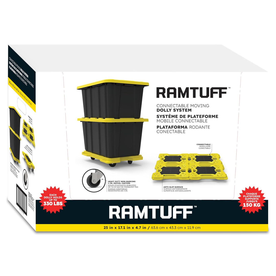 Ramtuff Connectable Moving Dolly, Sturdy Plastic Cart w/ Wheels, Yellow, 4 Pack - VMInnovations