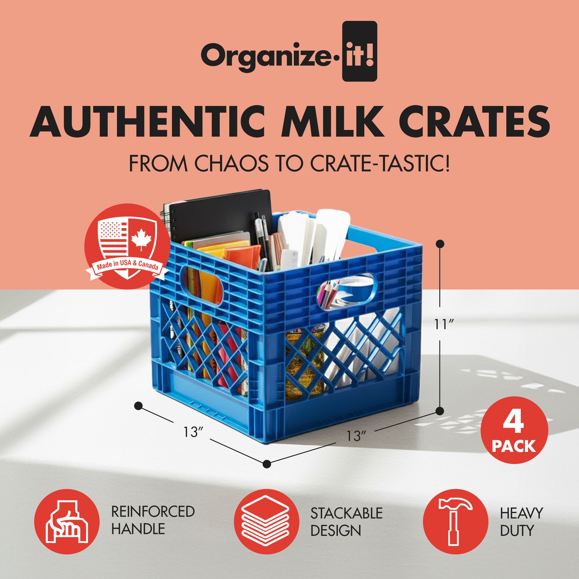 ORGANIZE-IT! Storage Milk Crate, Heavy-Duty Versatile Organizers, Blue, (Used)