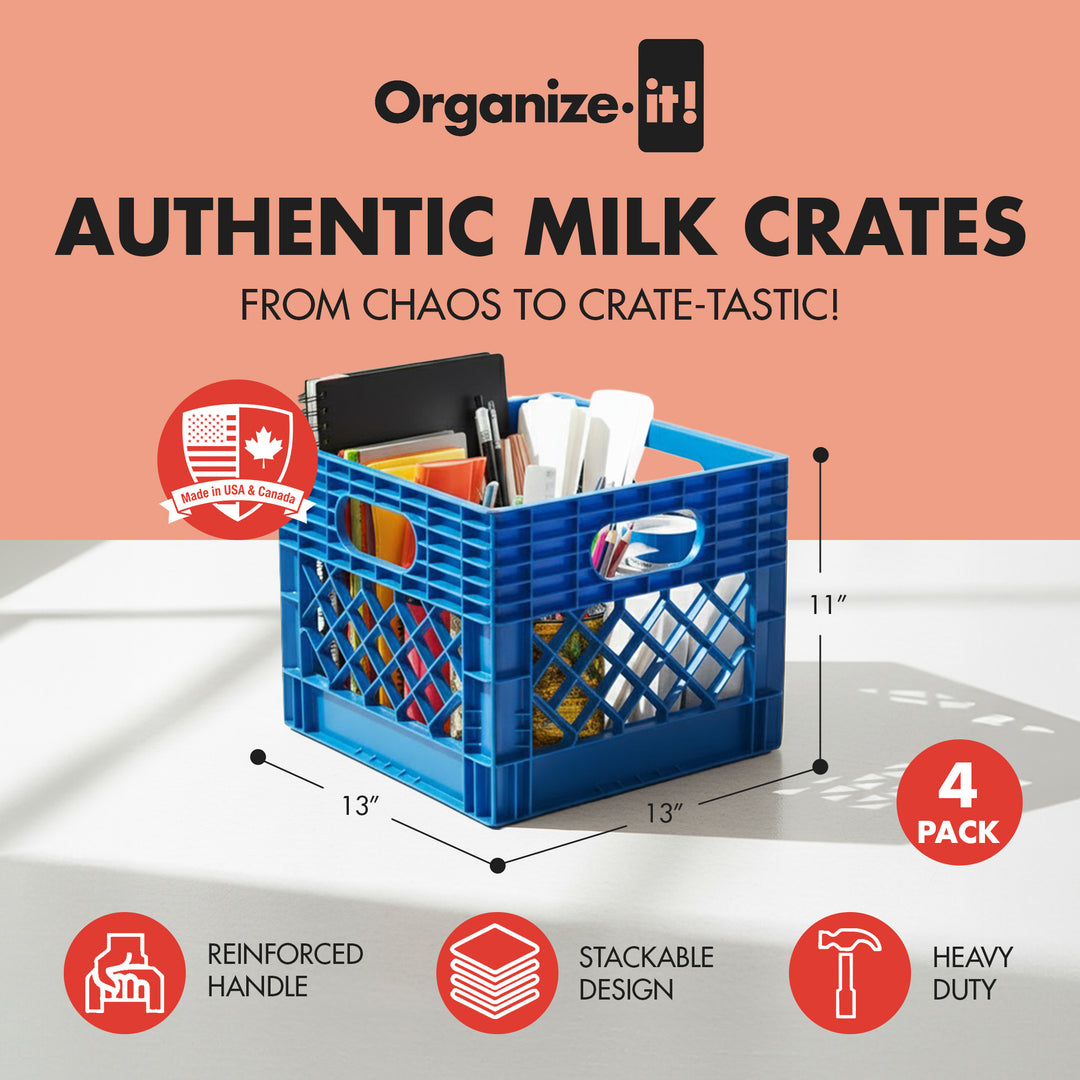 ORGANIZE-IT! Storage Milk Crate, Heavy-Duty Versatile Organizers, 4pk (Open Box)