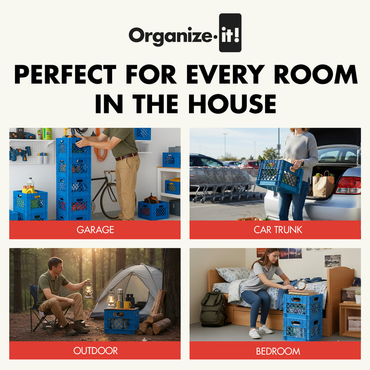 ORGANIZE-IT! Storage Milk Crate, Heavy-Duty Versatile Organizers, Blue, 4 Pack