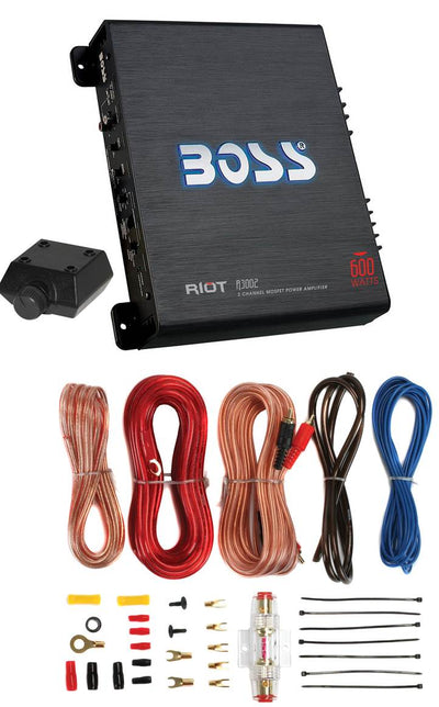 BOSS R3002 600W 2-Channel Car Amplifier and Boss 8 Gauge Amplifier Install Kit