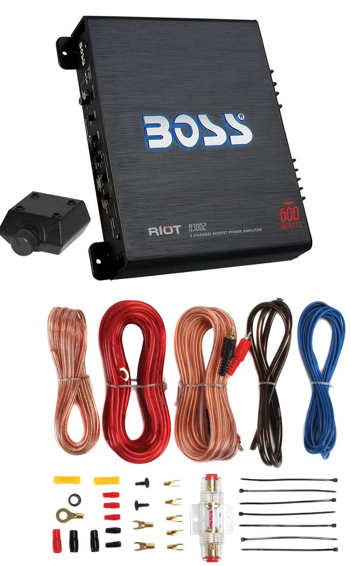 BOSS R3002 600W 2-Channel Car Amplifier and Boss 8 Gauge Amplifier Install Kit