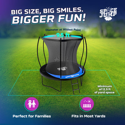 SpaceJump Lunar 8' Trampoline, Outdoor Ultimate Set with Slide, Hoop and Sprayer - VMInnovations