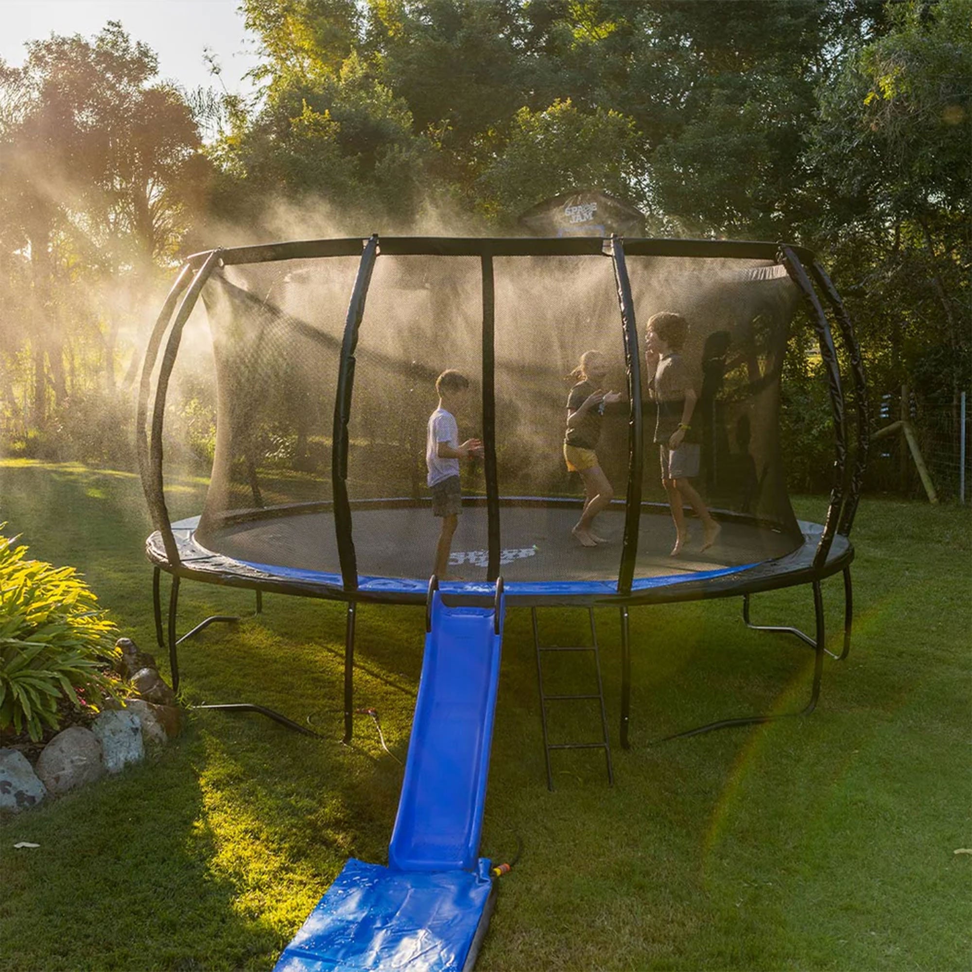 SpaceJump Lunar 12' Trampoline, Outdoor Ultimate Set with Slide, Hoop & Sprayer
