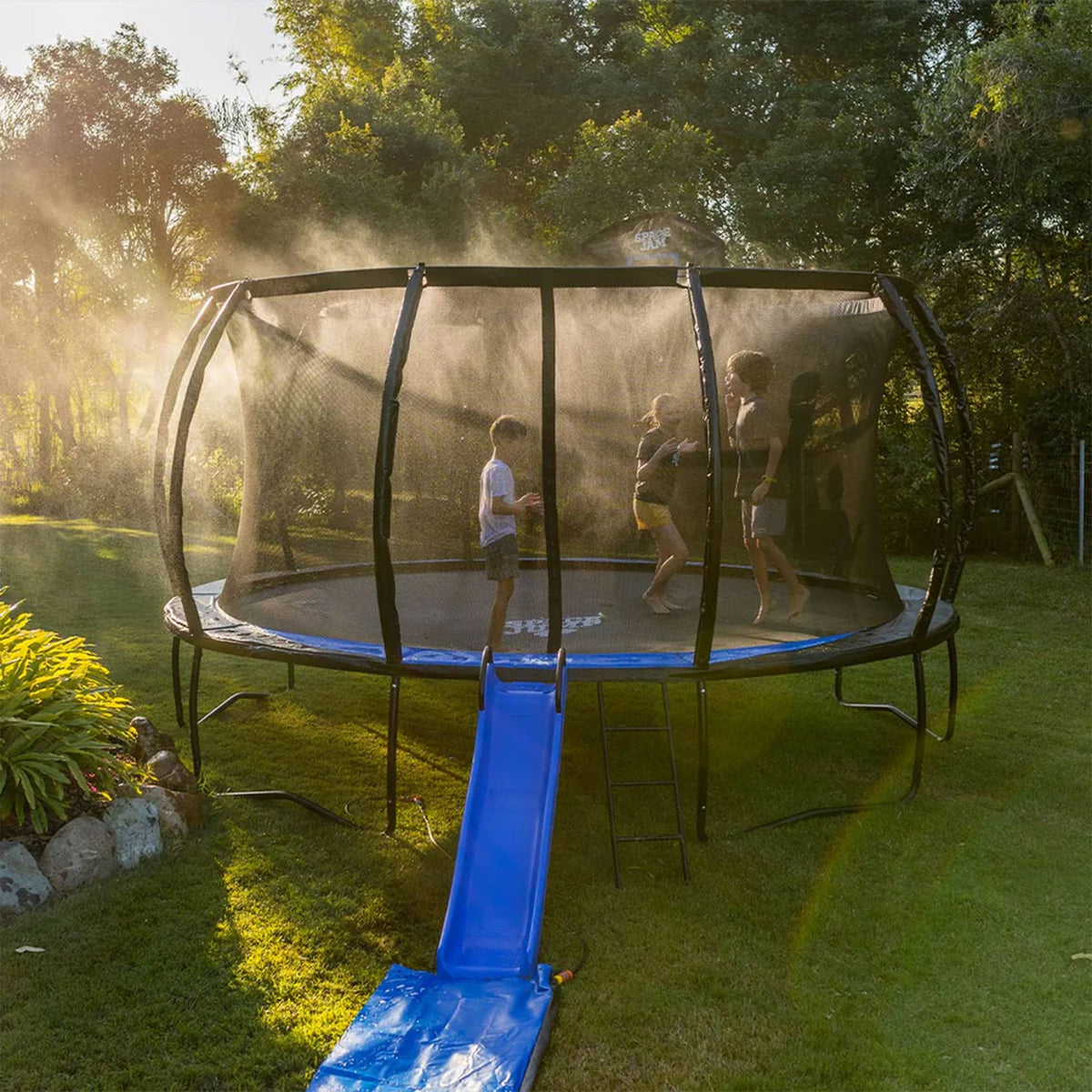 SpaceJump Lunar 14' Trampoline, Outdoor Ultimate Set with Slide, Hoop & Sprayer