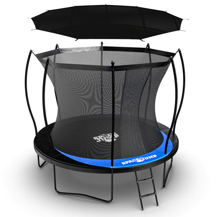 SpaceJump Lunar 10' Trampoline, Outdoor Bouncer with Net and Eclipse Sun Shade