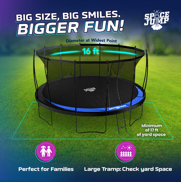 SpaceJump Lunar 16' Trampoline, Outdoor Bouncer with Net and Eclipse Sun Shade