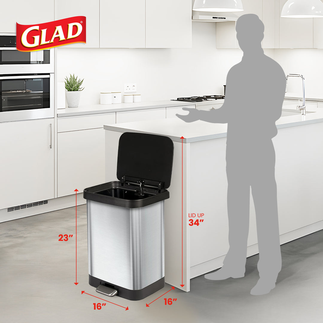 Glad Step Trash Can, Soft Close Lid Bin with Odor Protection, 13 Gal, Stainless