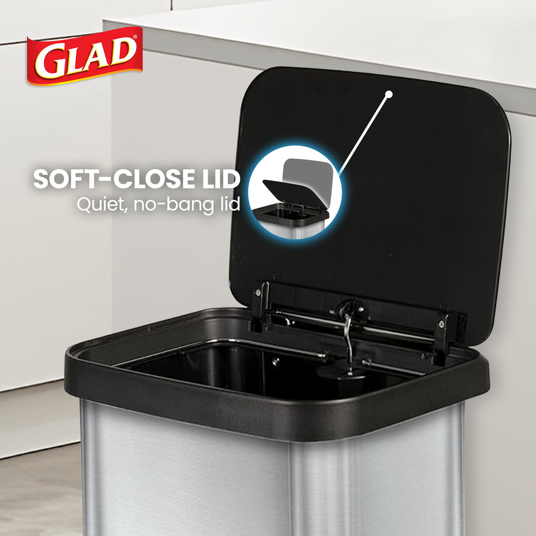 Glad Step Trash Can, Soft Close Lid Bin with Odor Protection, 13 Gal, Stainless