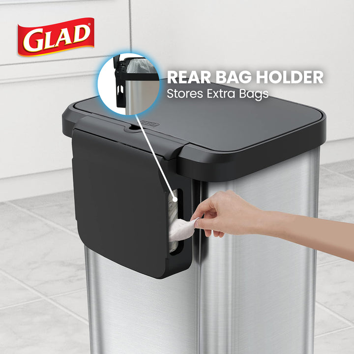 Glad Step Trash Can, Soft Close Lid Bin with Odor Protection, 13 Gal, Stainless