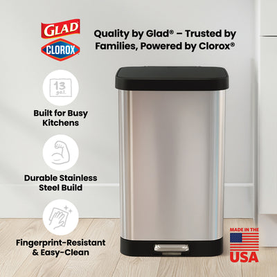 Glad Step Trash Can, Soft Close Lid Bin with Odor Protection, 13 Gal, Stainless - VMInnovations