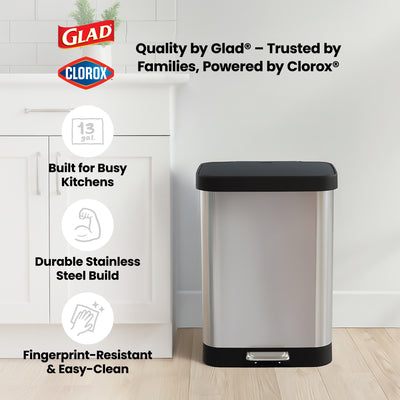 Glad Step Trash Can, Soft Close Lid Bin with Odor Protection, 13 Gal (Used)