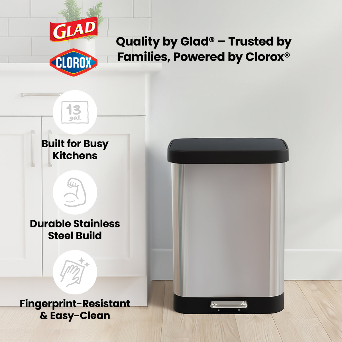 Glad Step Close Lid Bin w/Odor Protection, 13 Gal, Stainless (Open Box) - VMInnovations