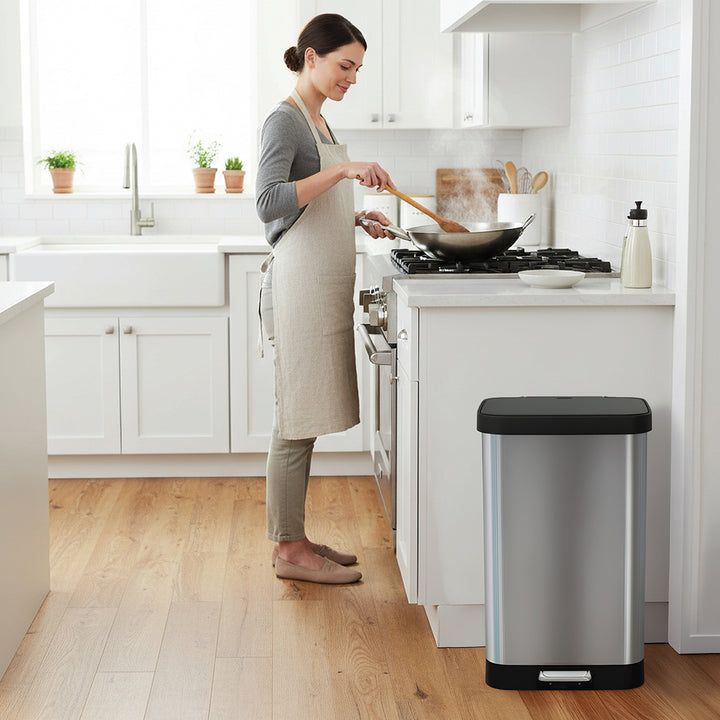 Glad Step Trash Can, Soft Close Lid Bin with Odor Protection, 13 Gal, Stainless