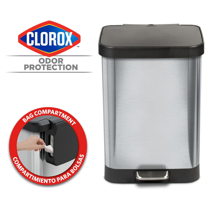 Glad Step Close Lid Bin w/Odor Protection, 13 Gal, Stainless (Open Box)