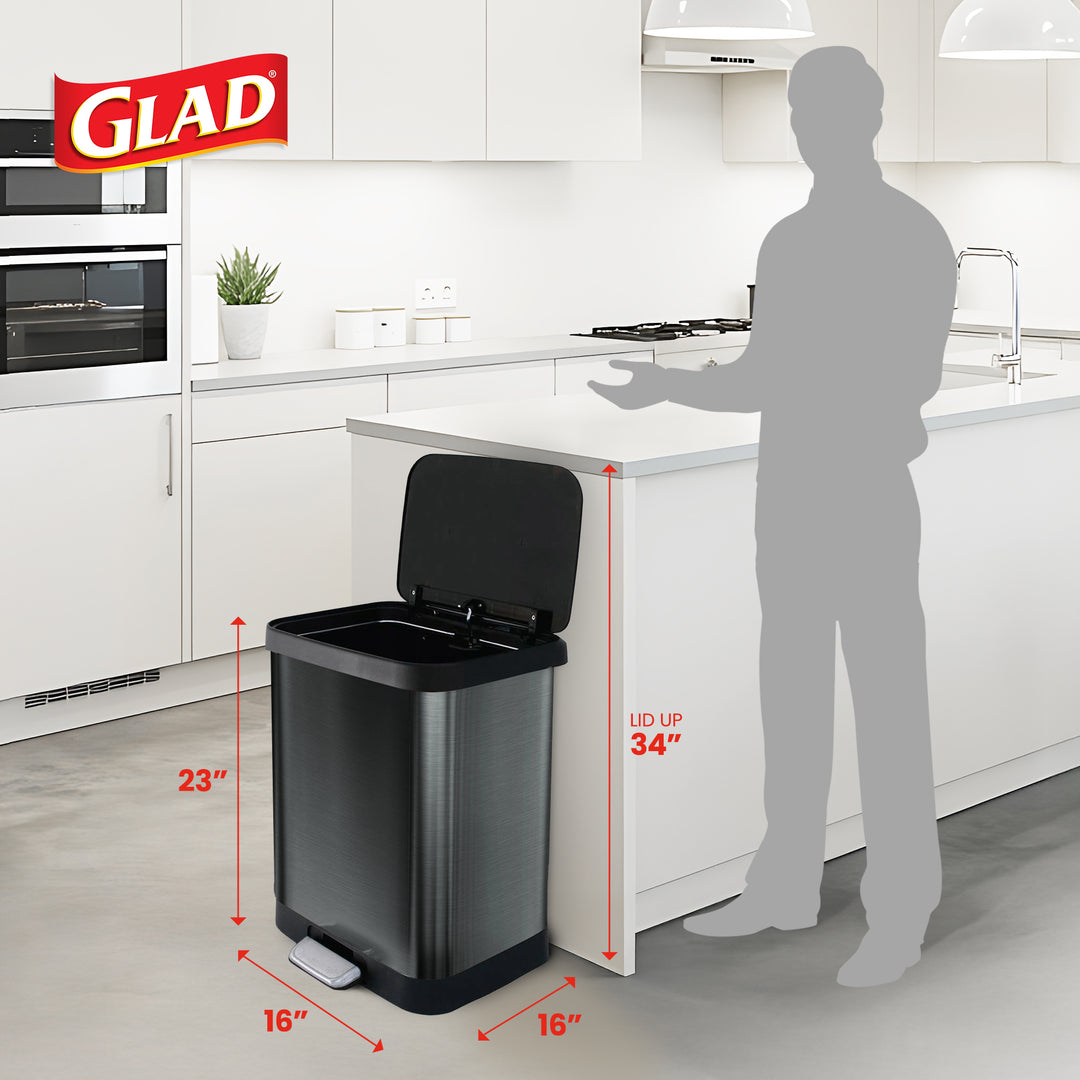 Glad Step Trash Can, Soft Close Lid Bin with Odor Protection, 13 Gallon, Pewter