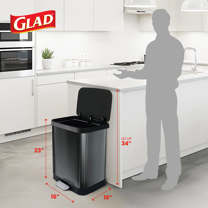 Glad Step Trash Can, Soft Close Lid Bin with Odor Protection, 13 Gallon, Pewter