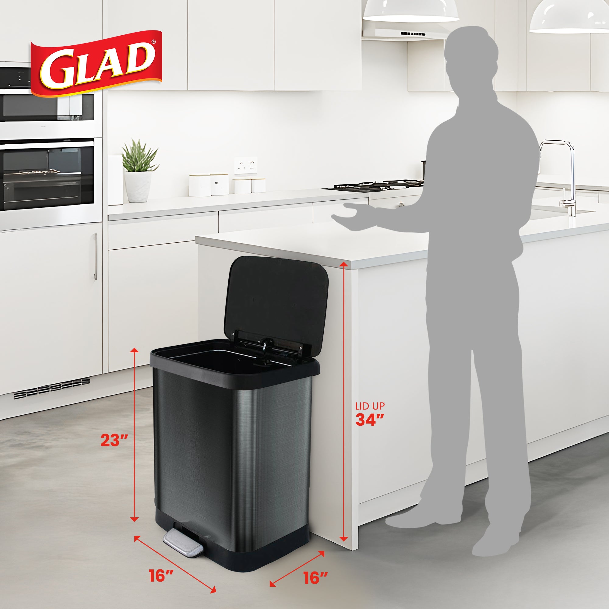 Glad Step Trash Can, Soft Close Lid with Odor Protection, 13 Gal, Pewter (Used)