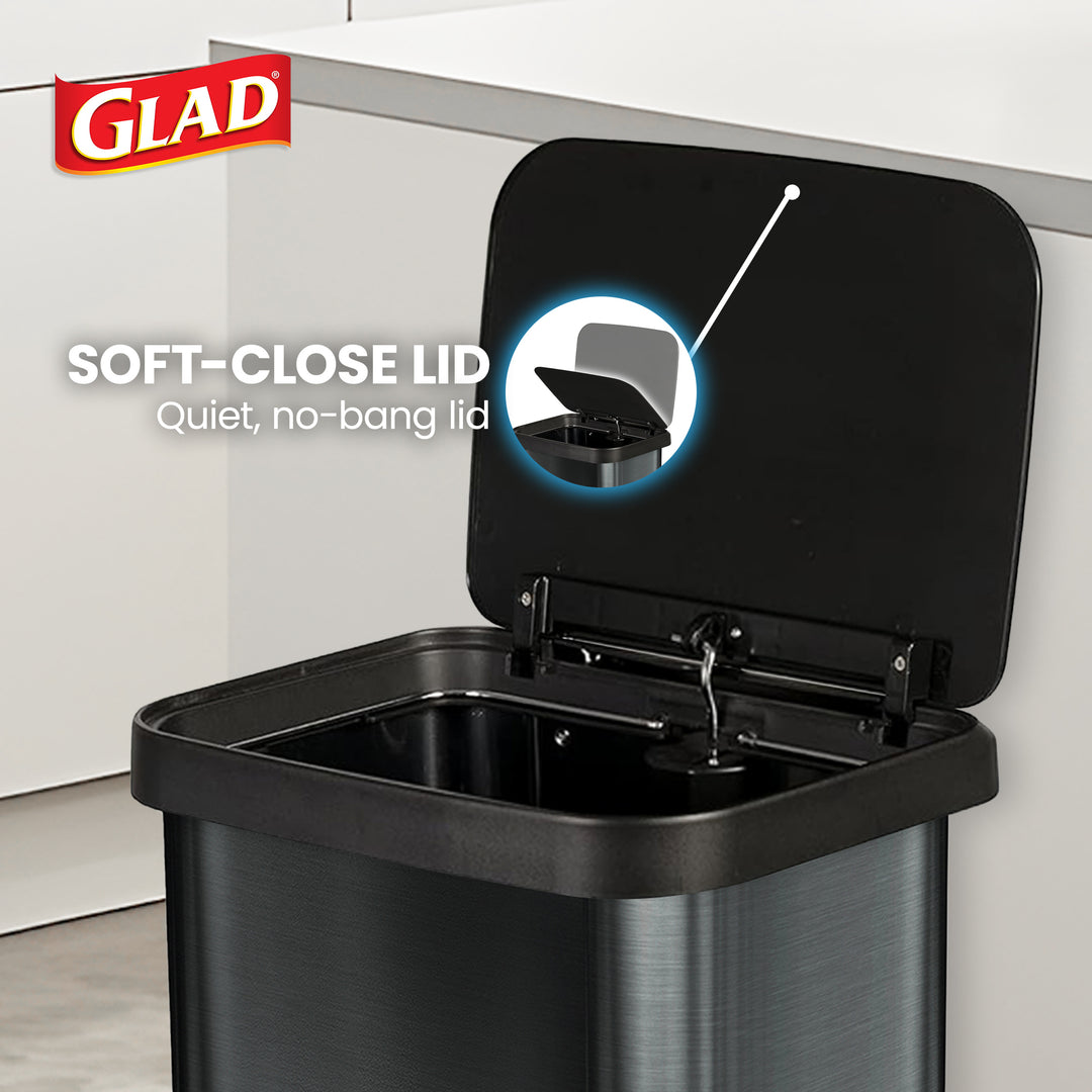 Glad Step Trash Can, Soft Close Lid Bin with Odor Protection, 13 Gallon, Pewter