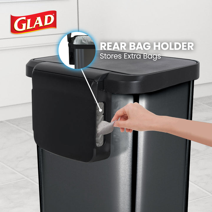 Glad Step Trash Can, Soft Close Lid Bin with Odor Protection, 13 Gallon, Pewter