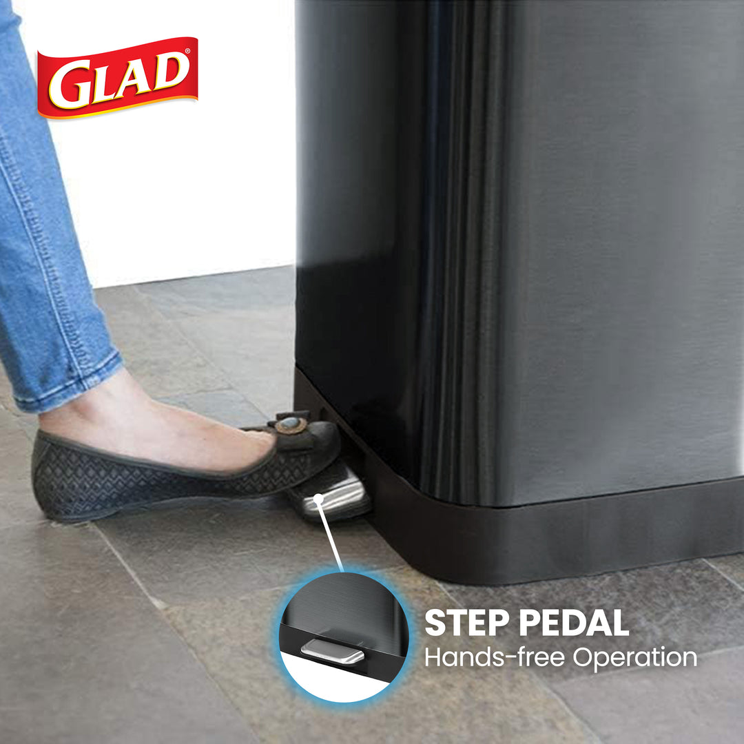 Glad Step Trash Can, Soft Close Lid Bin with Odor Protection, 13 Gallon, Pewter
