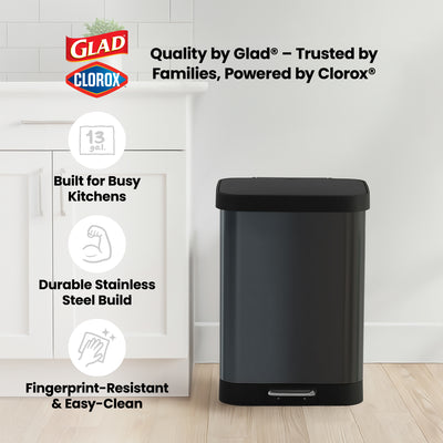 Glad Step Trash Can, Soft Close Lid Bin with Odor Protection, 13 Gallon, Pewter - VMInnovations