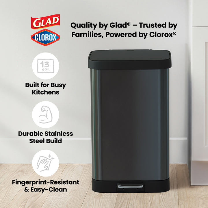 Glad Step Trash Can, Soft Close Lid Bin with Odor Protection, 13 Gallon, Pewter