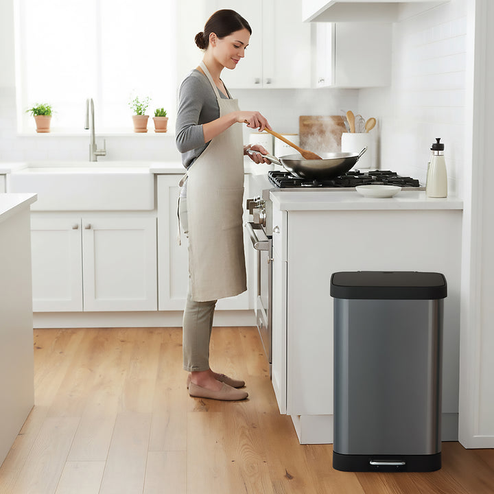 Glad Step Trash Can, Soft Close Lid Bin with Odor Protection, 13 Gallon, Pewter