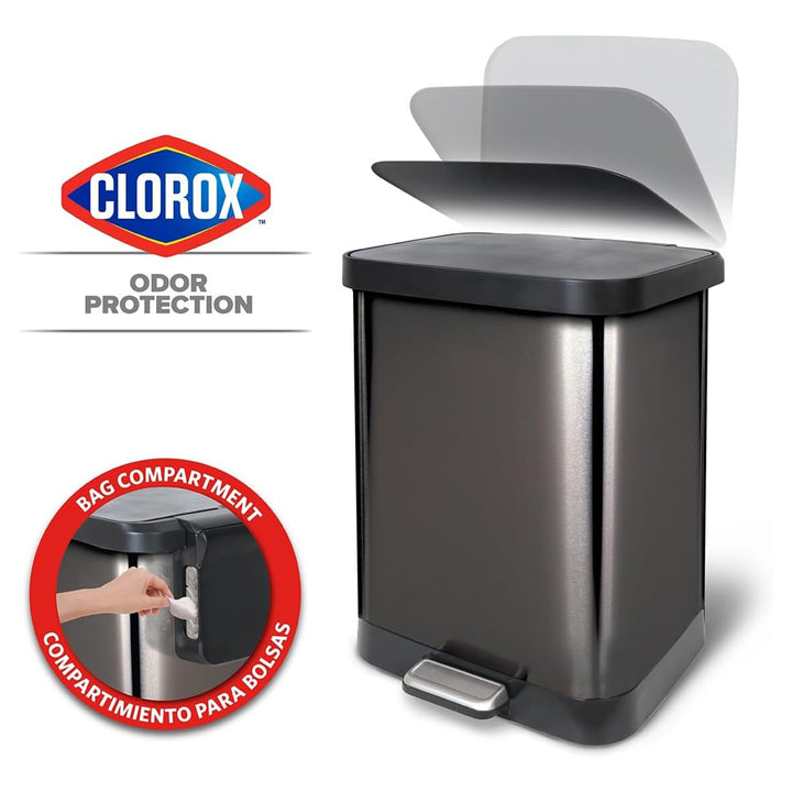 Glad Step Trash Can, Soft Close Lid Bin with Odor Protection, 13 Gallon, Pewter