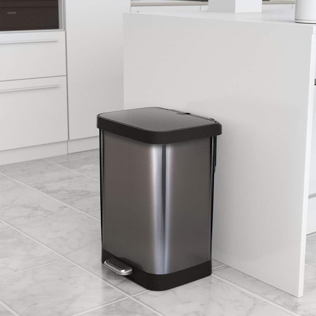 Glad Step Trash Can, Soft Close Lid Bin with Odor Protection, 13 Gallon, Pewter