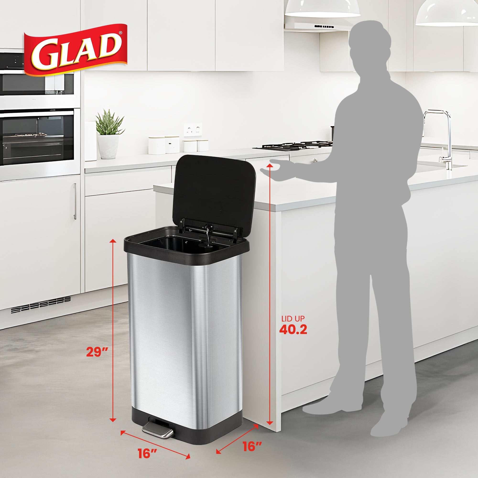 Glad Step Trash Can, Soft Close Lid Bin w/Odor Protection, 20 Gal (Open Box)