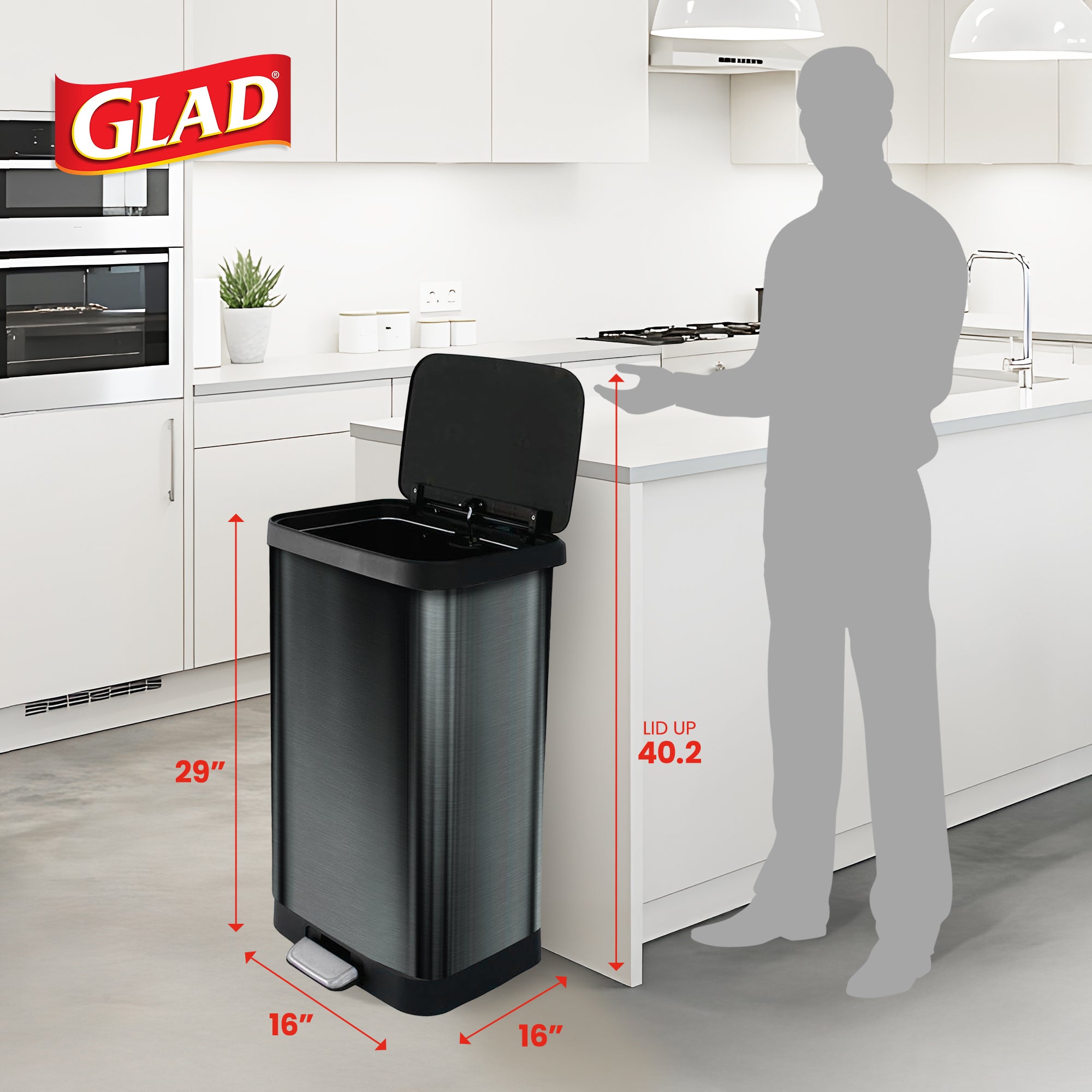 Glad Step Trash Can, Soft Close Lid Bin w/Odor Protection, 20 Gal Pewter (Used)