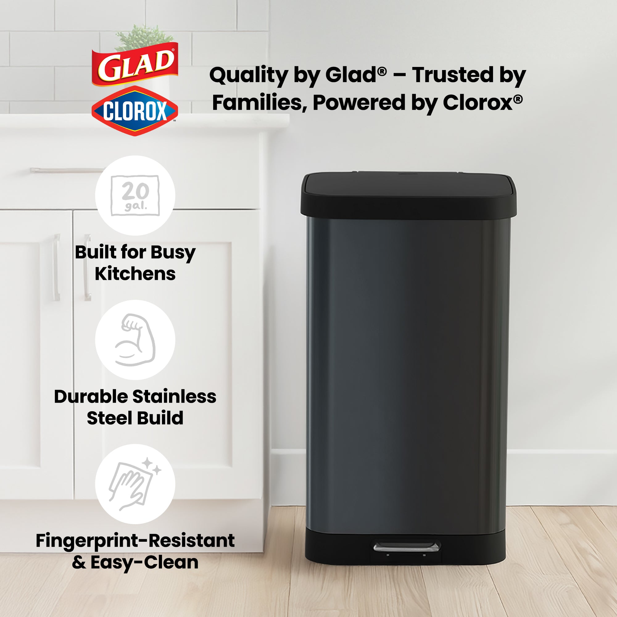 Glad Step Trash Can, Soft Close Lid Bin with Odor Protection, 20 Gallon, Pewter - VMInnovations
