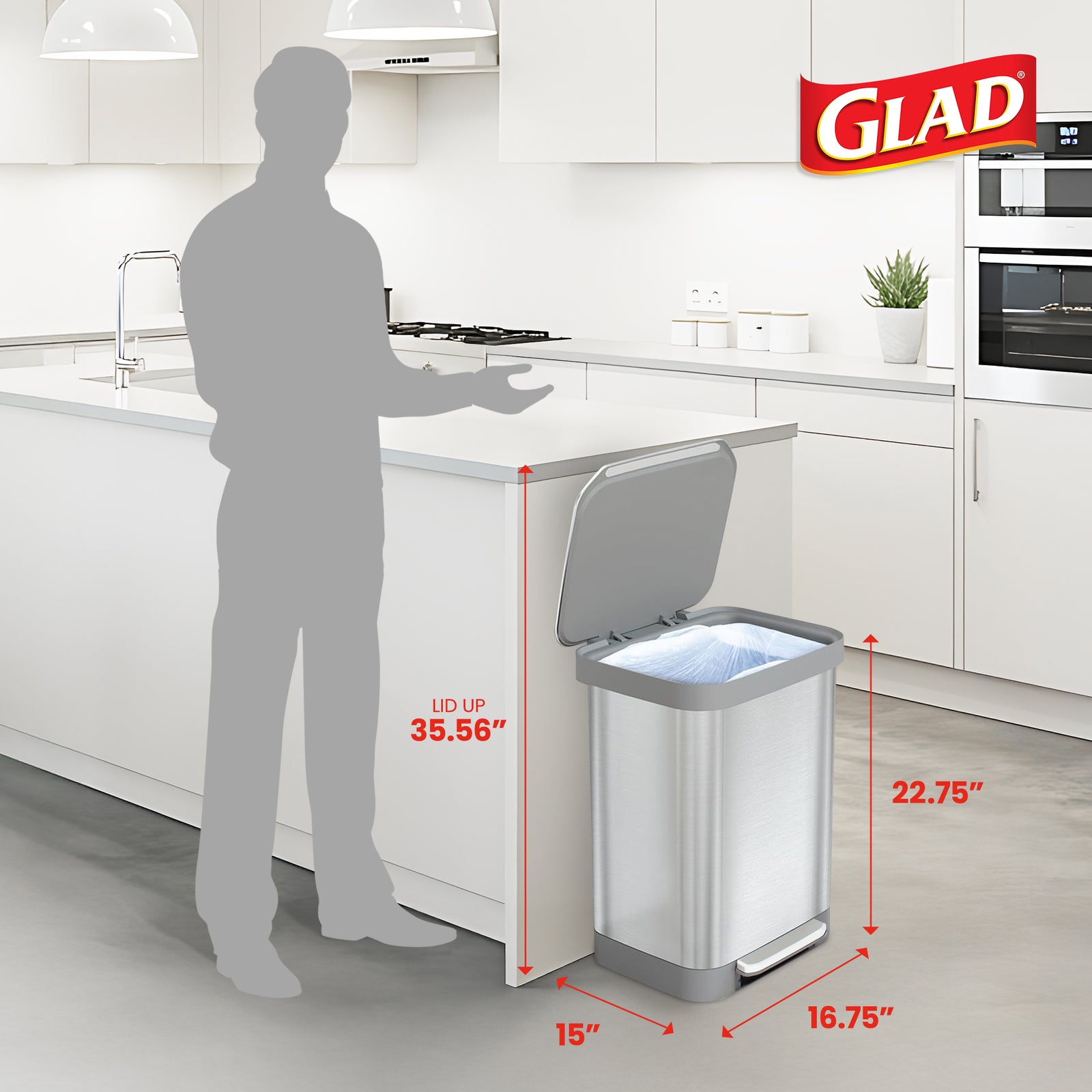 Glad Step Trash Can, Series 2 Soft Close Bin with Odor Protection, 13 Gal, Metal - VMInnovations