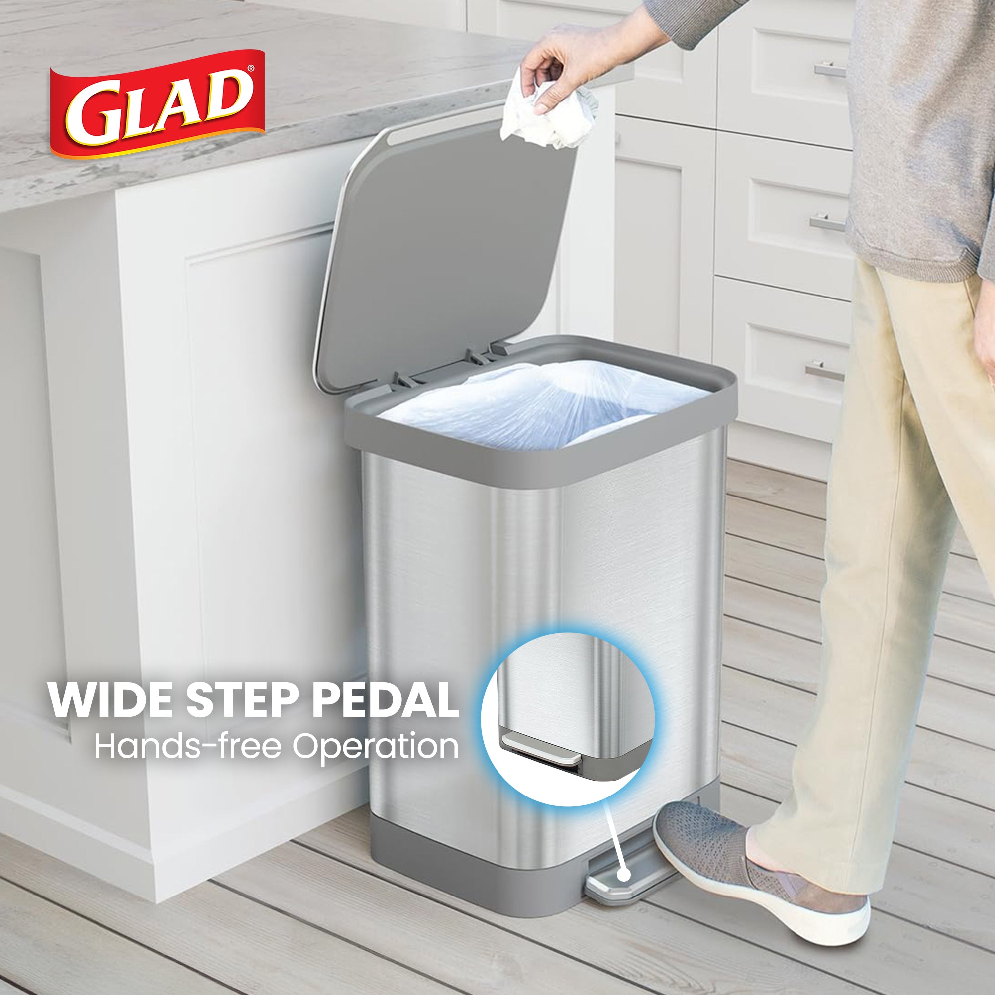 Glad Step Trash Can, Series 2 Soft Close Bin with Odor Protection (Open Box)