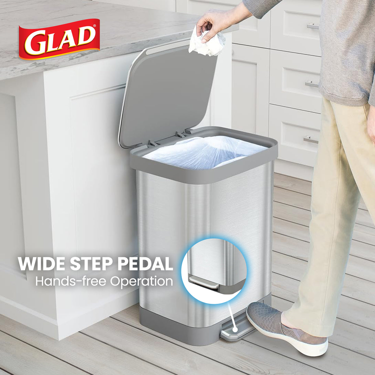 Glad Step Trash Can, Series 2 Soft Close Bin with Odor Protection (Open Box)