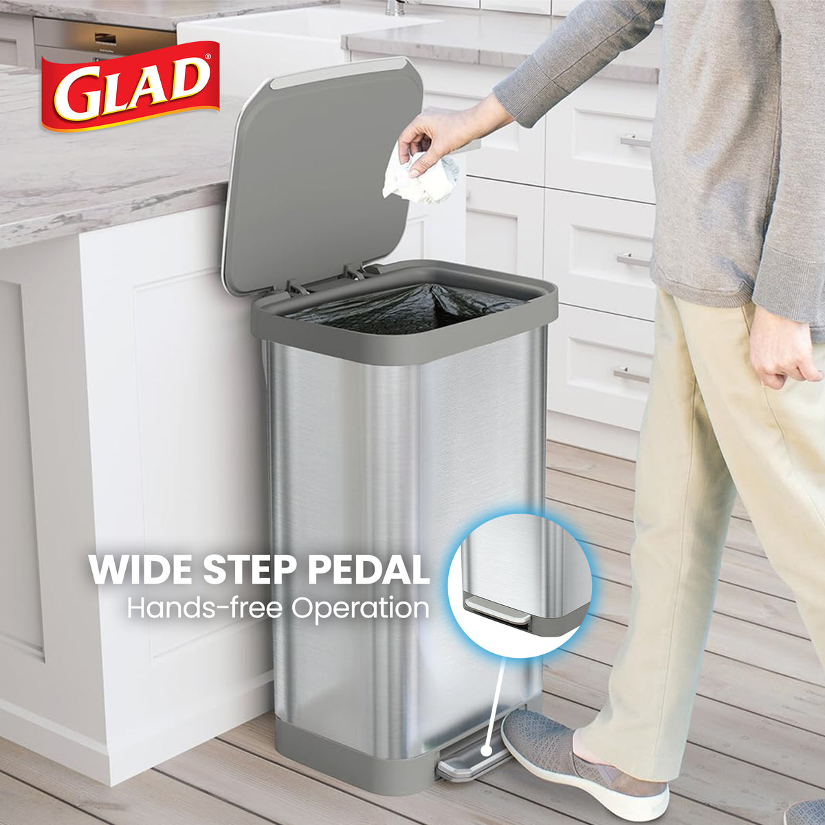 Glad Step Trash Can, Series 2 Soft Close Bin w/Odor Protection, 20 Gal(Open Box)