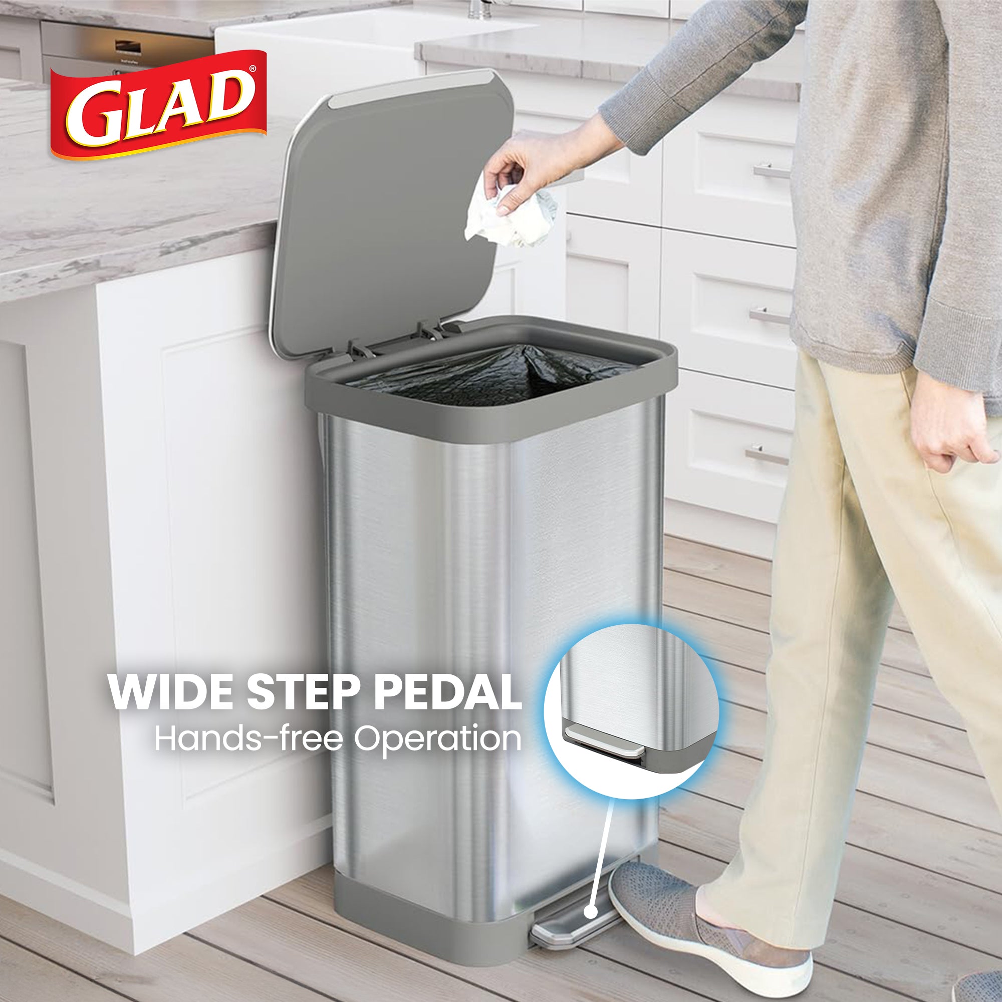 Glad Step Trash Can, Series 2 Soft Close Bin w/Odor Protection, 20 Gal(Open Box)