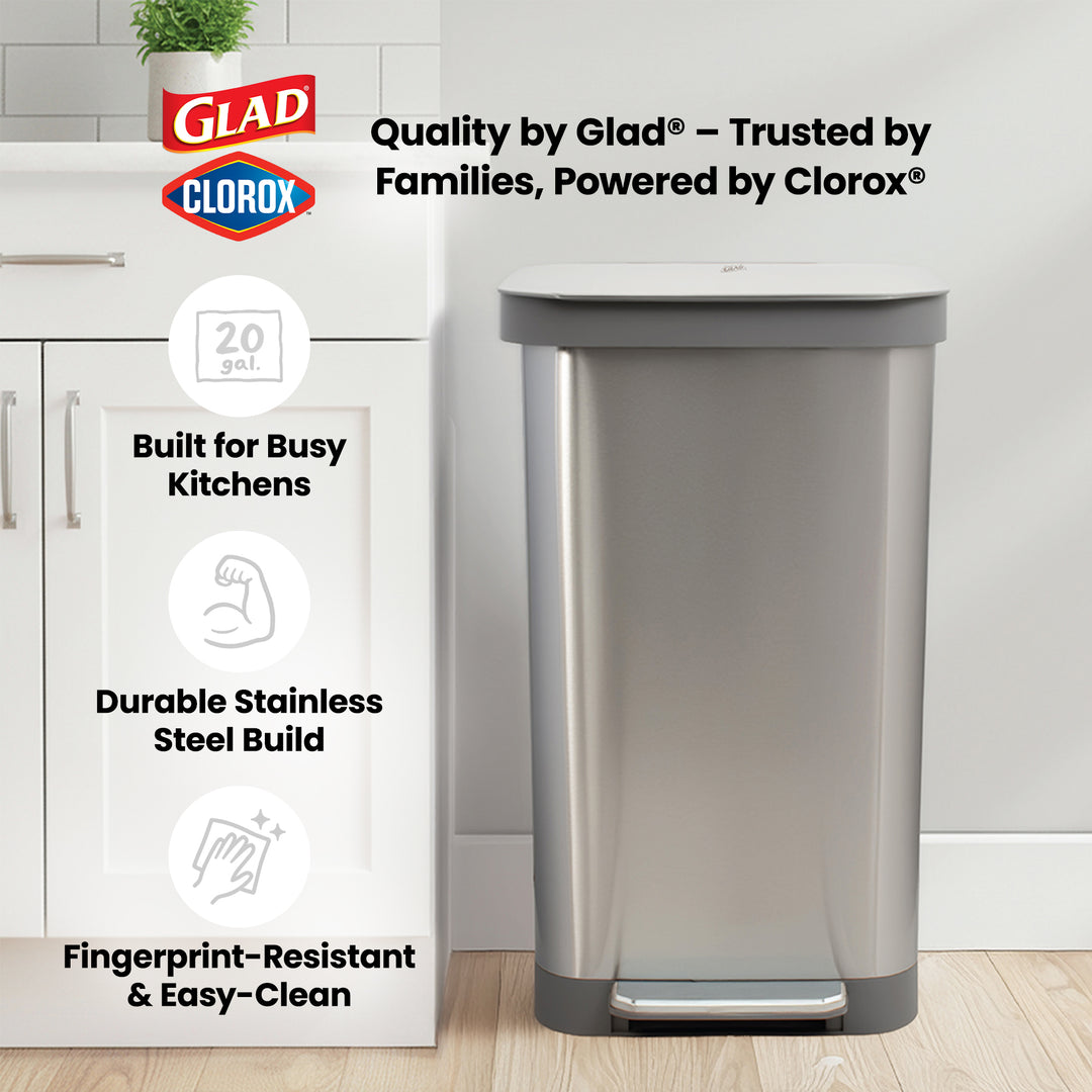 Glad Step Trash Can, Soft Close Bin w/Odor Protection, 20 Gal, Metal (Used)