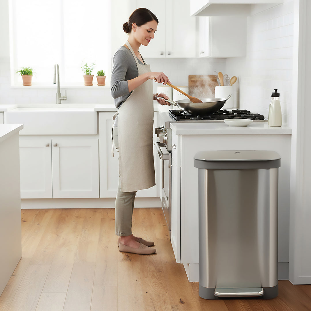 Glad Step Trash Can, Soft Close Bin w/Odor Protection, 20 Gal, Metal (Used)