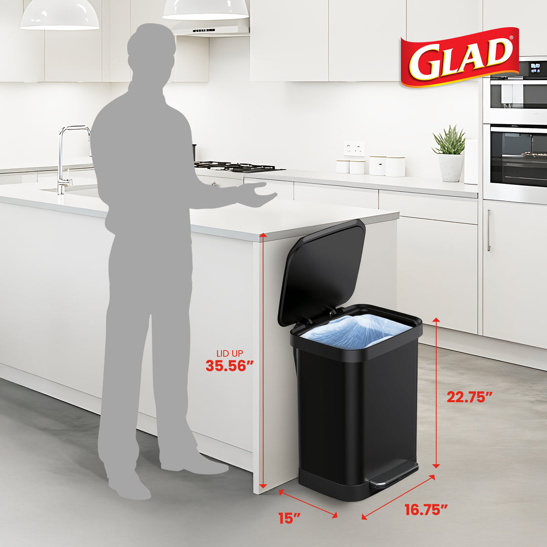 Glad Step Trash Can, Series 2 Soft Close Bin with Odor Protection, 13 Gal, Black - VMInnovations