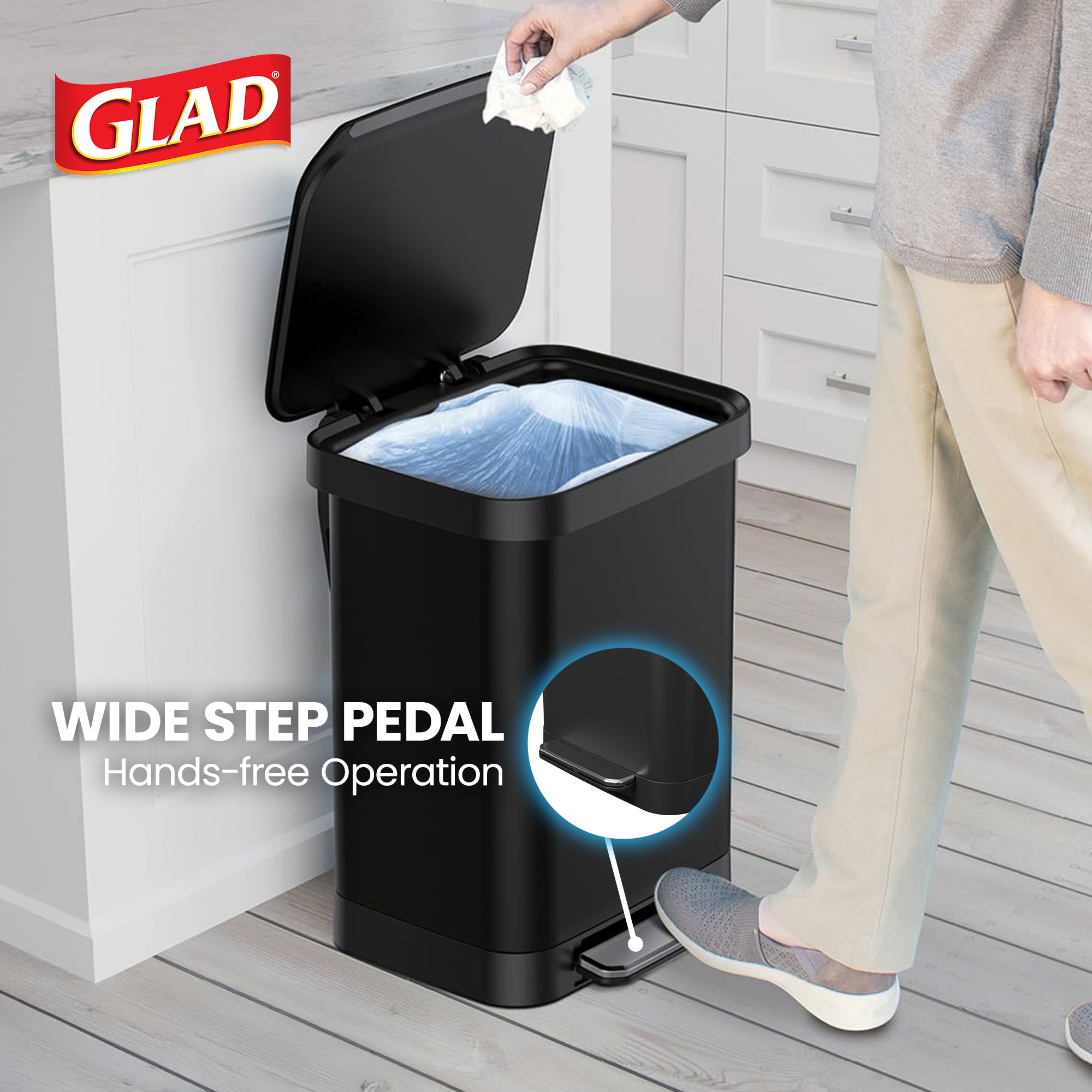 Glad Step Trash Can, Series 2 Soft Close Bin with Odor Protection, 13 Gal (Used)