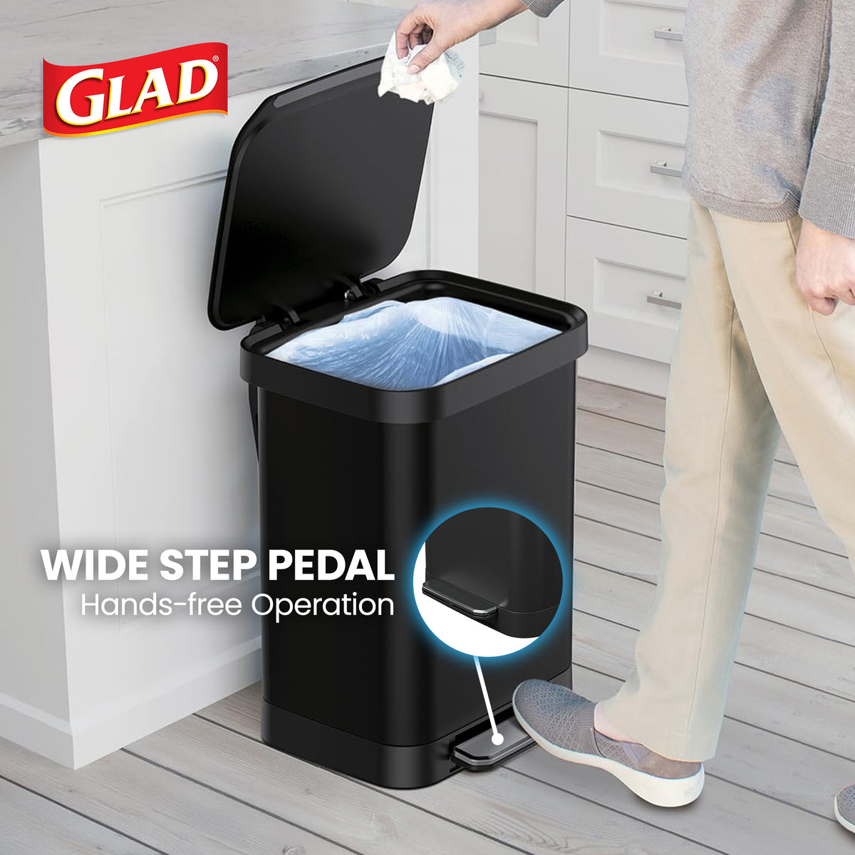 Glad Step Trash Can, Series 2 Soft Close Bin with Odor Protection, 13 Gal (Used) - VMInnovations