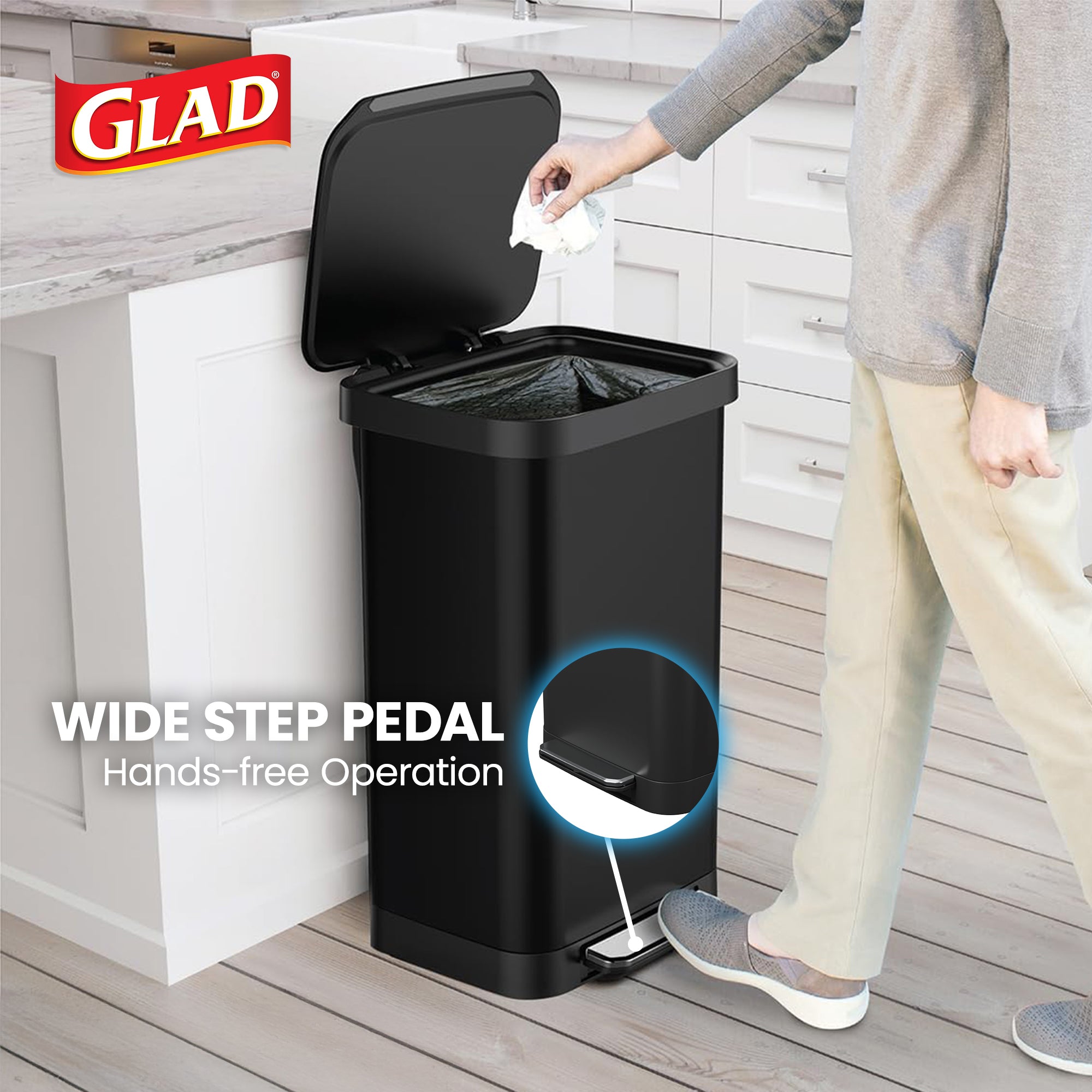 Glad Step Trash Can, Soft Close Bin w/Odor Protection, 20 Gal, Black (Open Box)
