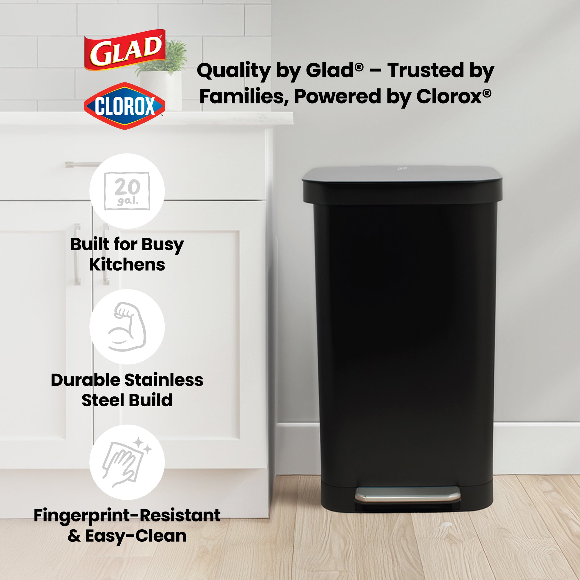 Glad Step Trash Can, Series 2 Soft Close Bin with Odor Protection, 20 Gal, Black (Used)