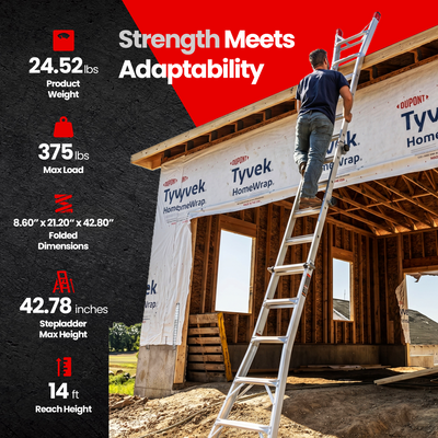 Lift Ladders 14 Foot Reach Multi Position Aluminum Step Ladder, 375 lb Capacity