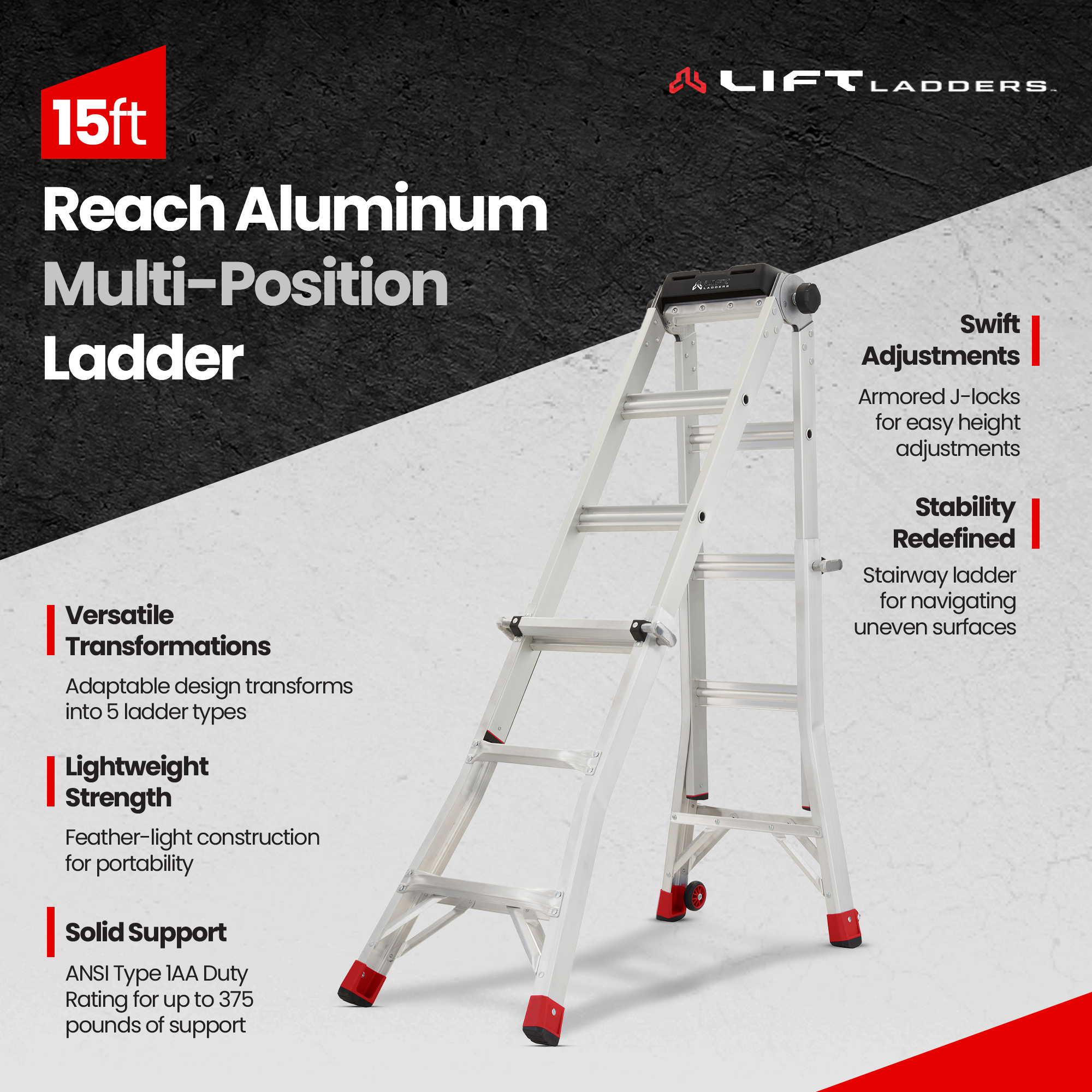 Lift Ladders 15 Foot Reach Multi Position Aluminum Step Ladder, 375 lb Capacity