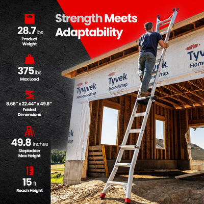 Lift Ladders 15 Foot Reach Multi Position Aluminum Step Ladder, 375 lb Capacity