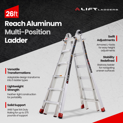 Lift Ladders 26 Foot Reach Multi Position Aluminum Step Ladder, 375 lb Capacity