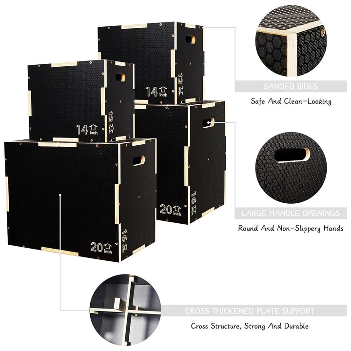 Fitvids 16" x 14" x 12" Wooden Plyometric Box Non-Slip Jump Platform, Black
